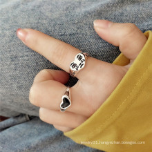 Retro Tibetan Silver Plated Creative Cry Face Black Heart Design Open Ring Jewelry Gifts